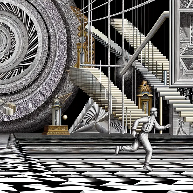 Surrealistische loopband met oneindige geometrische patronen in de stijl van M.C. Escher, symboliserend constante snelheid en tempo