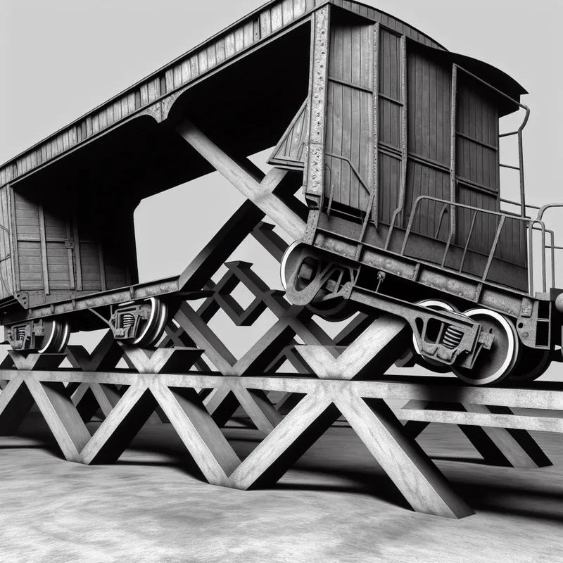 Surrealistische treinwagon met roestig metalen onderstel in M.C. Escher-stijl, met onmogelijke trappen en geometrische patronen