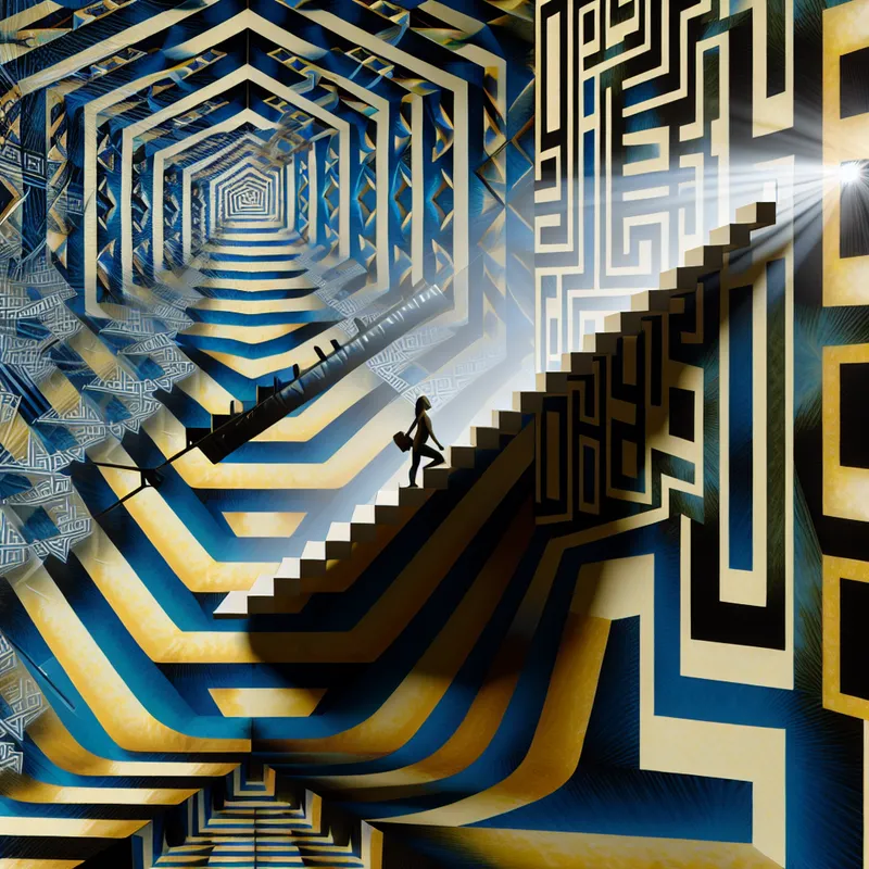 Surrealistische trap in de stijl van M.C. Escher met een persoon die eindeloos naar beneden loopt zonder ooit de bodem te bereiken, symboliserend voor 'in geen geval' of 'absoluut niet'