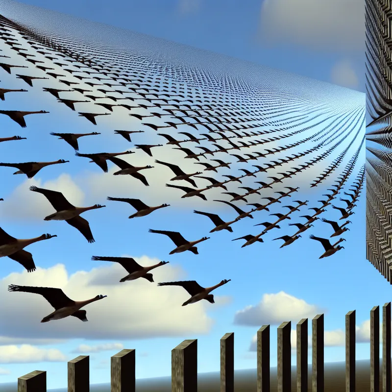 Surrealistische tekening in de stijl van M.C. Escher met een geometrische rij vogels die in perfecte lijn naar de horizon vliegen, illustrerend het concept 'rij' in de betekenis van een reeks objecten op een rij