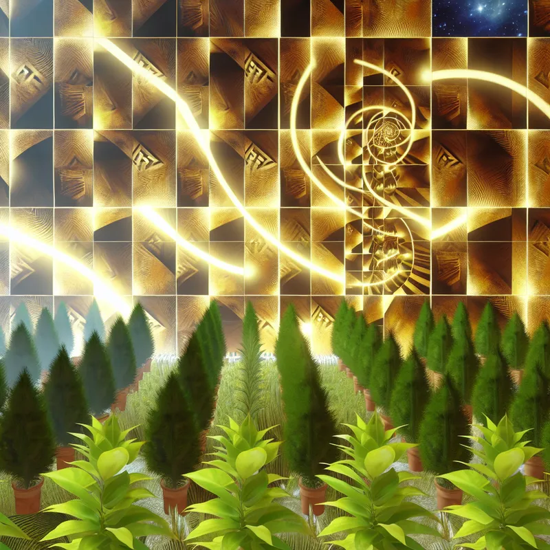 Surrealistische tuin in M.C. Escher-stijl met geometrisch precieze afstand tussen planten, verlicht door gouden lijnen