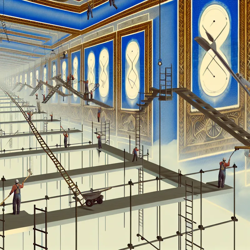 Surrealistische brug in aanbouw geïnspireerd op M.C. Escher, met zwevende balken, ladders en gereedschap, symboliserend tijdelijke omstandigheden en tijd