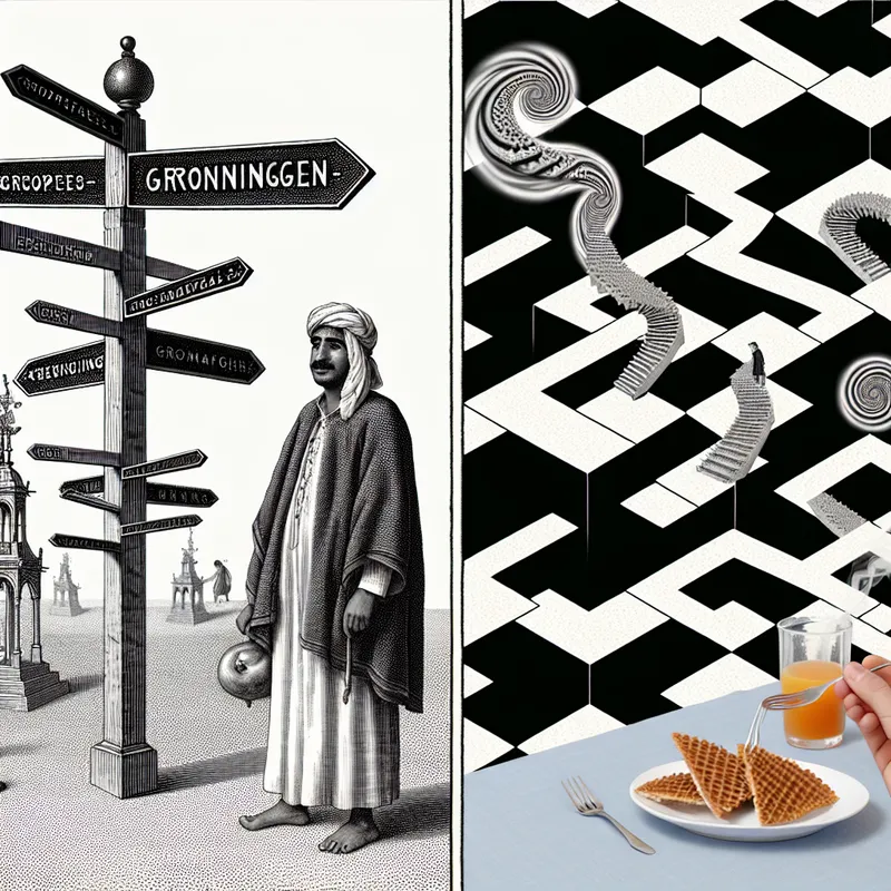 Surrealistische optische illusie in de stijl van M.C. Escher met een persoon bij een kruispunt en een tafel met stroopwafels, symboliserend vragen over levenservaringen