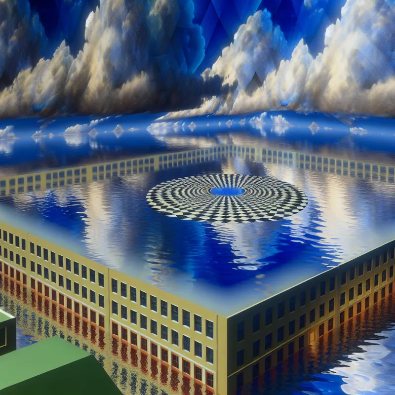 Surrealistisch tafereel van een onmogelijk groot meer op een stadstraat, geïnspireerd op M.C. Escher, met een spiegelende wateroppervlakte die gebouwen en lucht in geometrische patronen weerkaatst