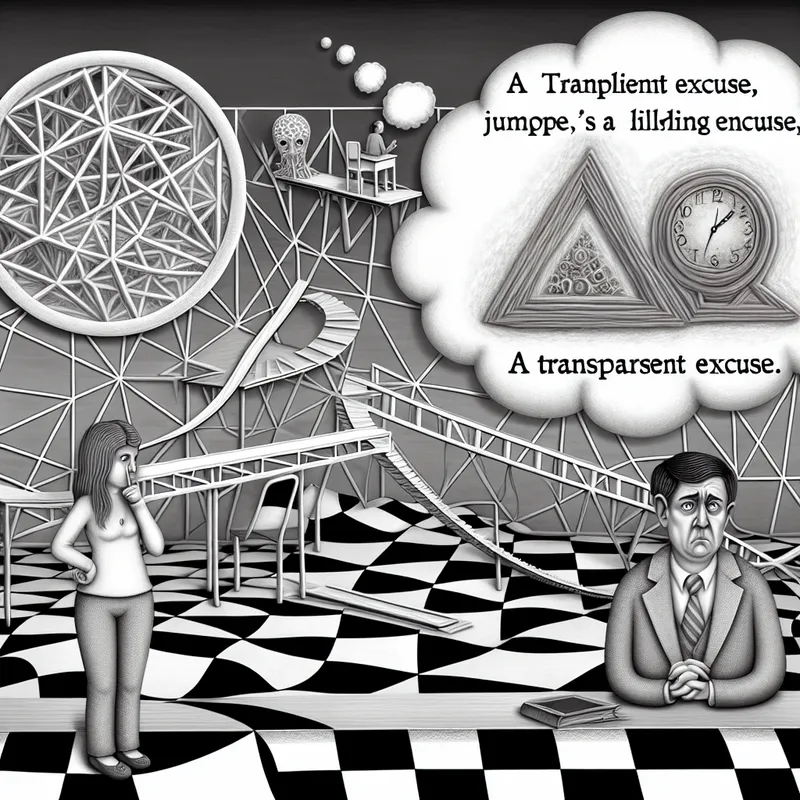 Surrealistische klaslokaal-scène in de stijl van M.C. Escher met een leraar die sceptisch kijkt naar een nerveuze leerling die een ongeloofwaardig verhaal probeert te verkopen, met optische illusies en onmogelijke constructies op de achtergrond