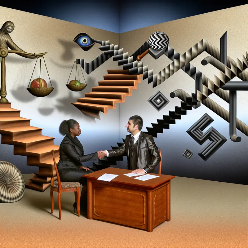 Surrealistische voorstelling van een juridische overeenkomst met twee partijen die elkaar de hand schudden aan een tafel met zwevende documenten en een onmogelijke trap die overgaat in een weegschaal, geïnspireerd op M.C. Escher