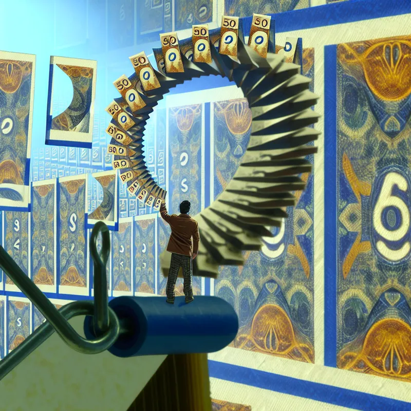 Surrealistische Escher-achtige illustratie van een winkelier die een prijskaartje vasthoudt dat overgaat in een onmogelijke trap met prijzen zoals '€19.99 incl. BTW', symboliserend het noemen van kosten