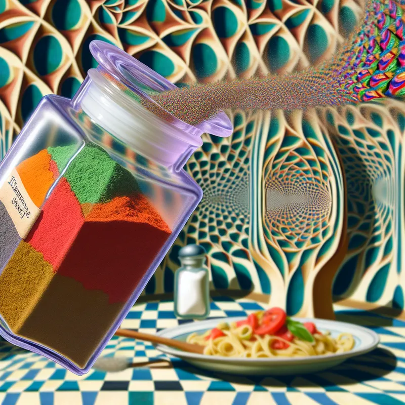 Surrealistische keukenscène in de stijl van M.C. Escher met zwevende glazen pot 'Italiaanse specerij' gevuld met kleurrijk kruidenmengsel dat magisch pasta kruidt