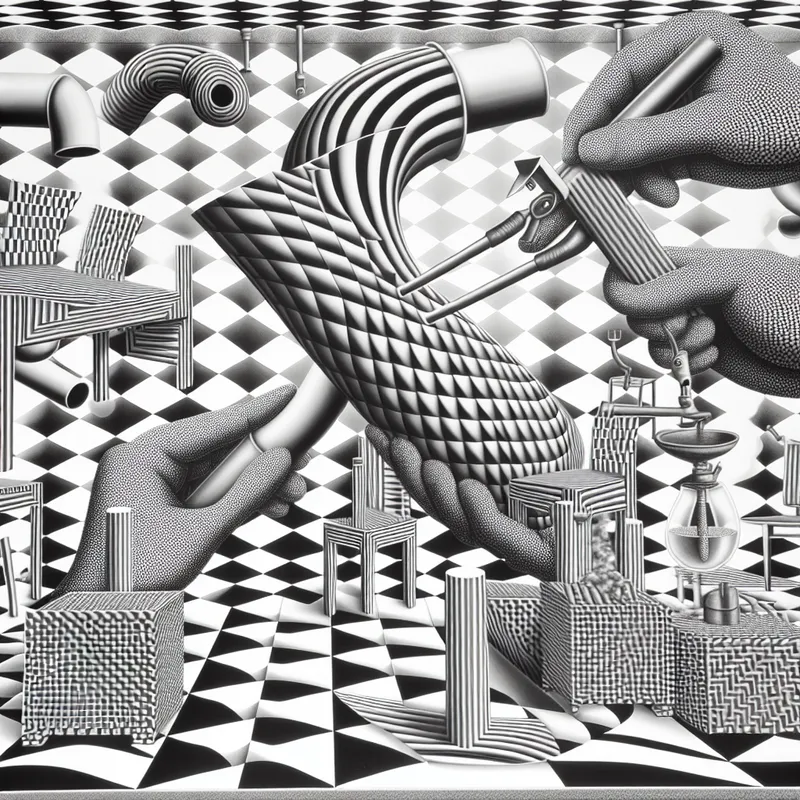 Surrealistische Escher-achtige voorstelling van het lassen van kunststof onderdelen in een monochrome werkplaats met optische illusies en geometrische patronen
