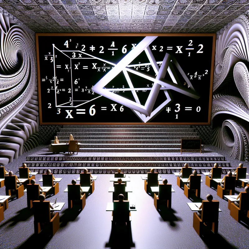 Surrealistische wiskundeles in Escher-stijl met een zwevende kwadratische vergelijking x² + 5x + 6 = 0 op een schoolbord, omringd door optische illusies en tessellaties van gefascineerde studenten