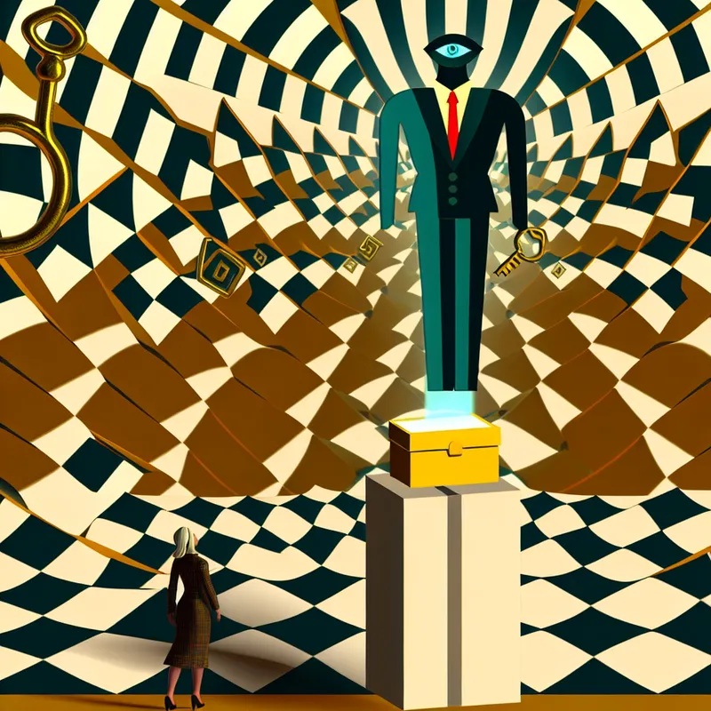 Surrealistische kantoorscène in de stijl van M.C. Escher met een kleine figuur die hoopvol opkijkt naar een machtige baas die een gouden sleutel 'genade' vasthoudt, verbonden door een onmogelijke trap