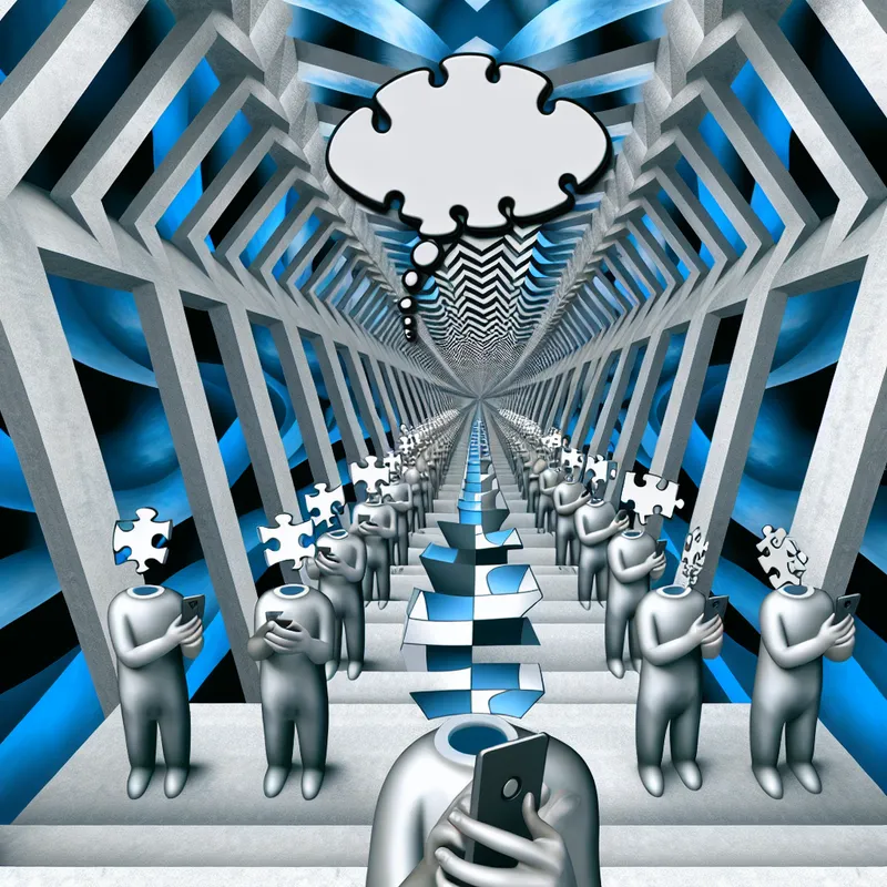 Surrealistische trap in Escher-stijl met faceless figuren die telefoons vasthouden en scherpe, glasscherf-achtige opmerkingen maken, symboliserend gedachteloze beledigingen zoals 'idioot'