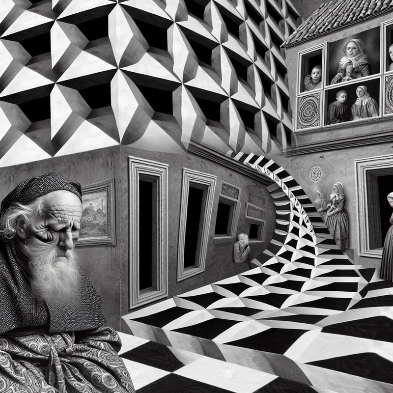 Surrealistische tekening in de stijl van M.C. Escher van een overleden man die vervaagt in geometrische patronen, met een onmogelijke trap die naar een rouwende familie en een boerderij leidt, symboliserend nalatenschap en verlies