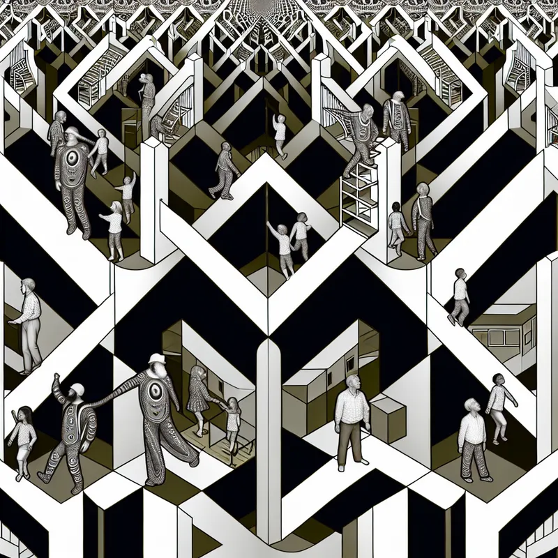 Surrealistische speelplaats in M.C. Escher-stijl met geometrisch gerangschikte vaders als collectief, symbolisch voor het woord 'pa's' in het Nederlands