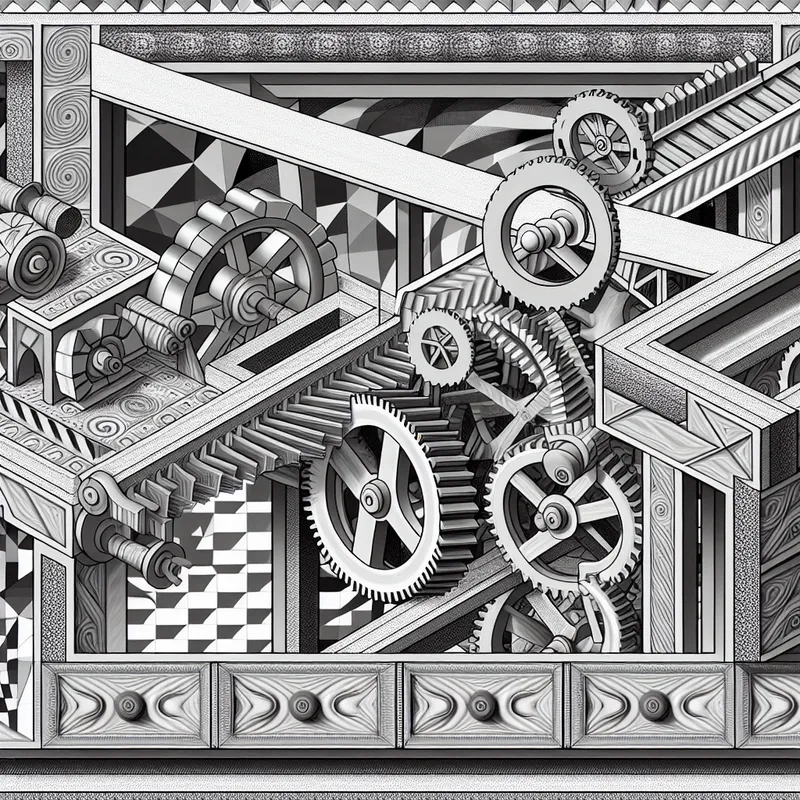 Surrealistisch mechanisme in Escher-stijl dat een lopende band regelt met tandwielen en optische illusies