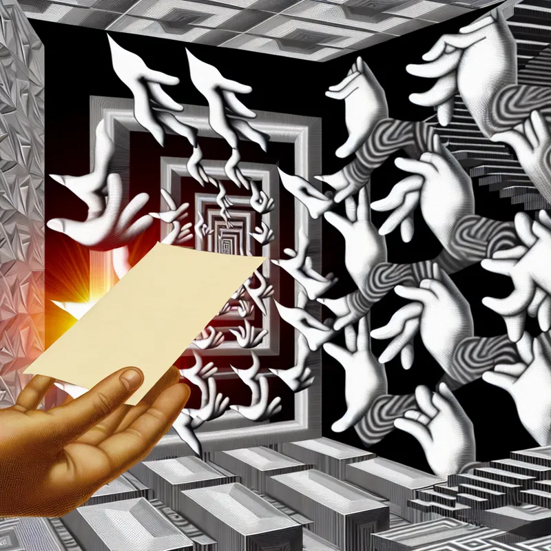 Surrealistisch netwerk van onderling verbonden handen die een document uitwisselen, symbool voor professionele en sociale relaties in de stijl van M.C. Escher