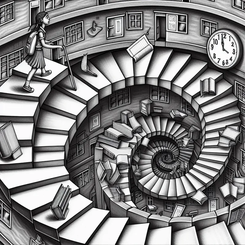 Surrealistische zwart-wit tekening geïnspireerd op M.C. Escher van een eindeloze trap die een vermoeiende maar complexe schooldag voorstelt, met zwevende boeken, onmogelijke gangen en een smeltende klok
