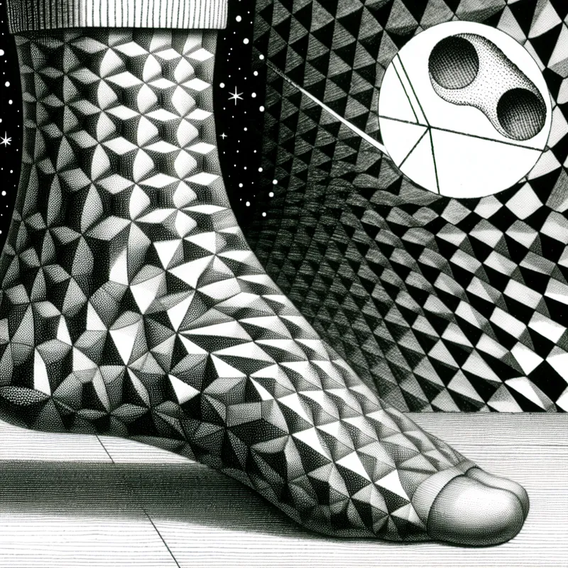 Surrealistische illustratie van een sok met gat bij de tenen in M.C. Escher-stijl, met optische illusies en geometrische patronen