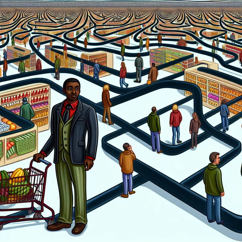 Surrealistische afbeelding in M.C. Escher-stijl van een supermarkt met een complexe rij shoppers