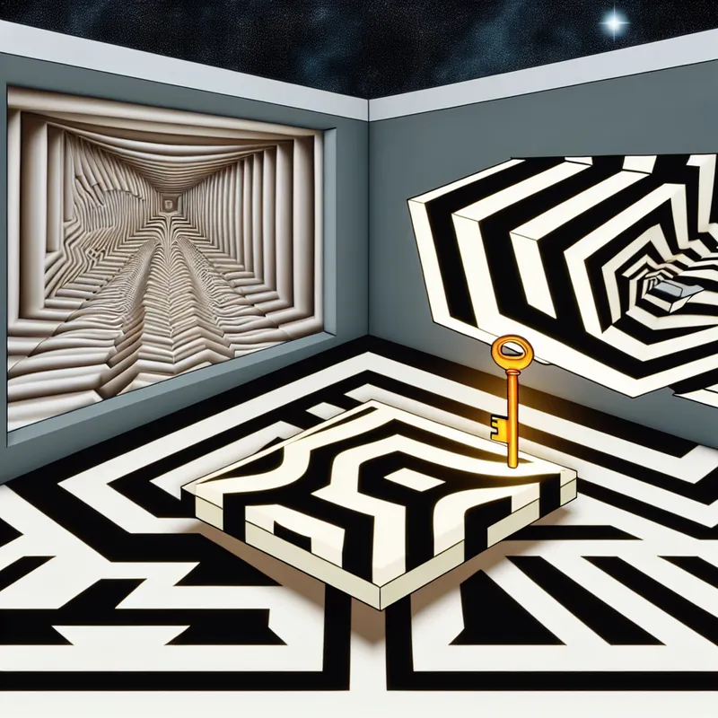 Geometrische surrealistische kamer met zwevende, draaiende tafel en gloeiende sleutel in Escher-stijl