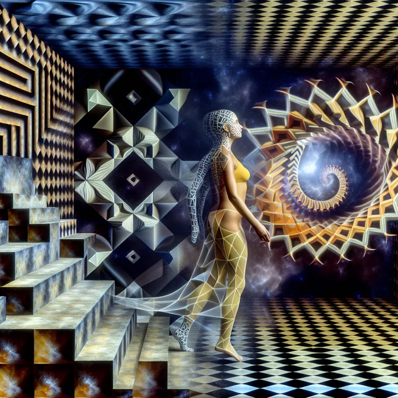 Surrealistische metamorfose van een persoon van oude, gefragmenteerde zelf naar vernieuwde, gehele identiteit in de stijl van M.C. Escher met geometrische patronen en optische illusies