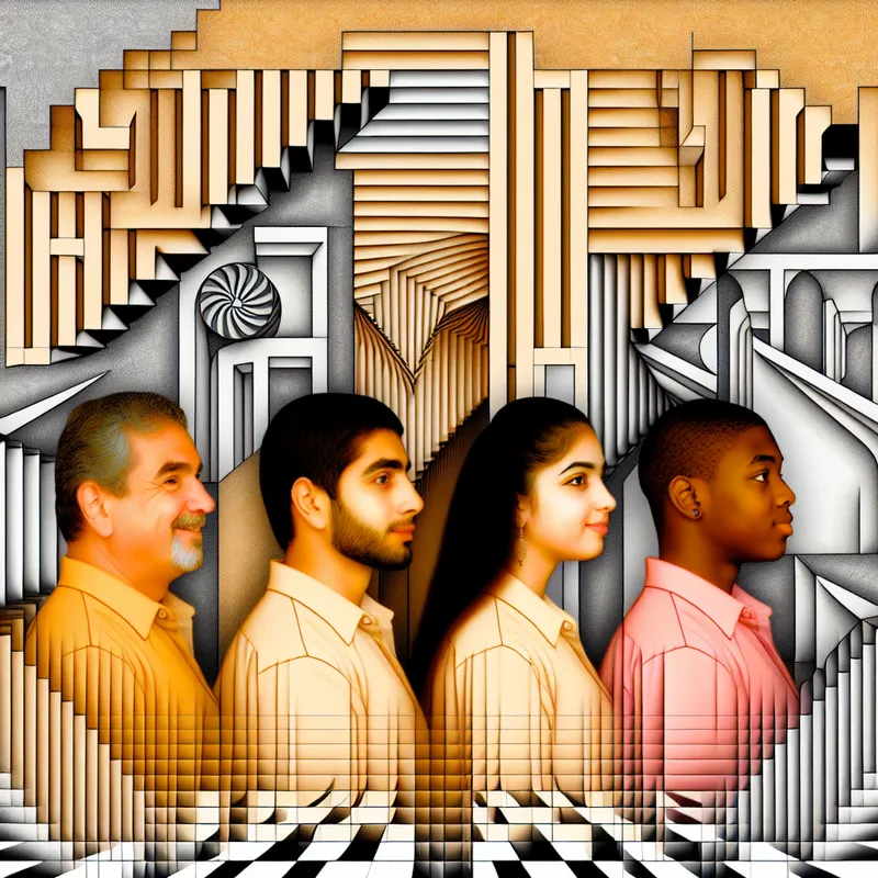 Vier mensen in een rij, met de tweede persoon subtiel gemarkeerd, omgeven door Escher-achtige patronen en onmogelijke constructies.