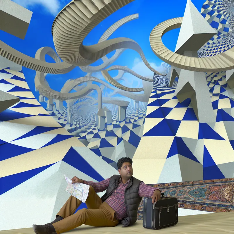 Surrealistische scène met een ontspannen persoon, geïnspireerd door M.C. Escher, omgeven door onmogelijke structuren en geometrische patronen