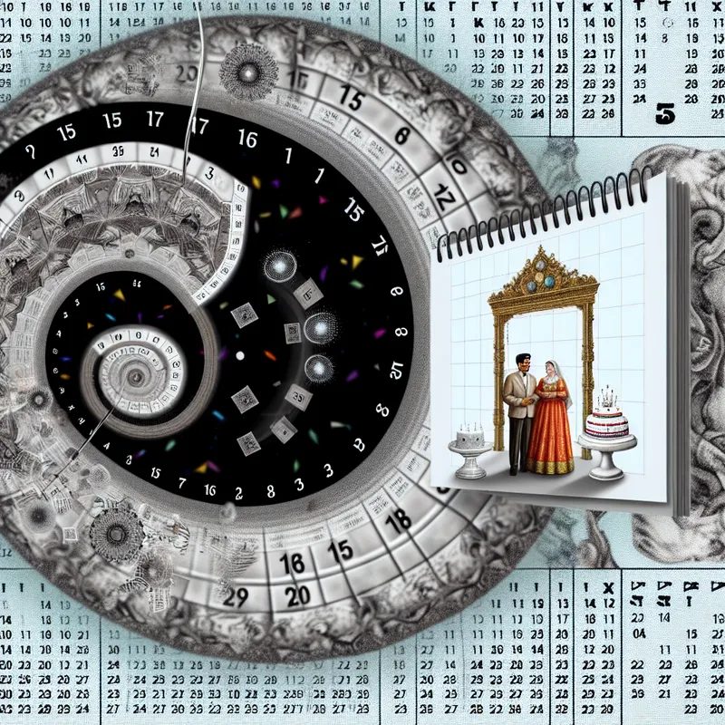 Surrealistische trap in de stijl van M.C. Escher, waarbij elke trede een datum voorstelt en leidt naar een deur met de datum 15 mei, waarachter een trouwjubileum wordt gevierd