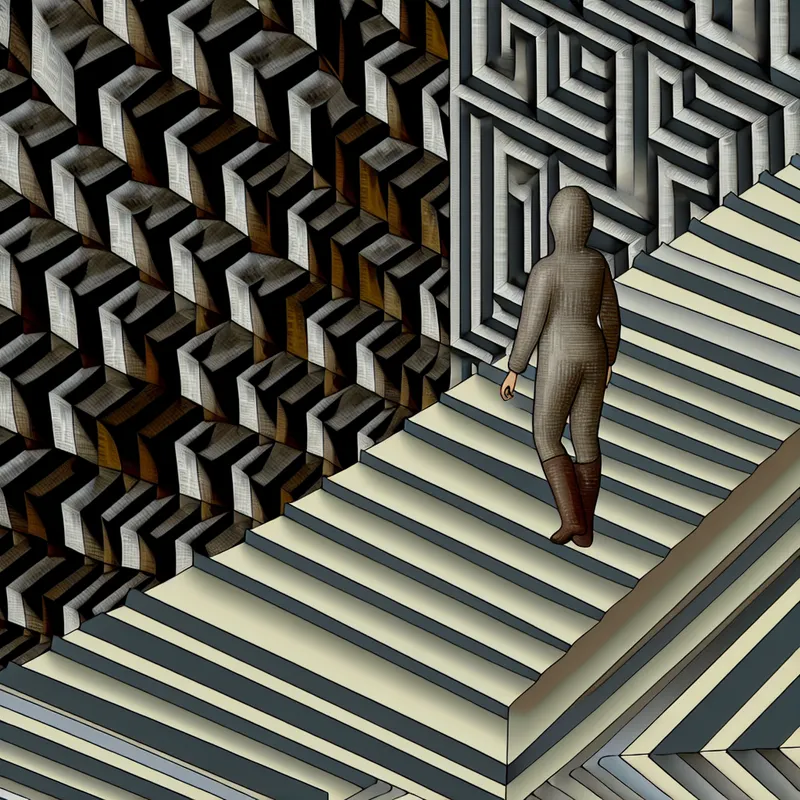 Surrealistische trap in Escher-stijl met een eentonige figuur die eindeloos dezelfde grijze treden afdaalt, symboliserend eentonigheid en gebrek aan variatie