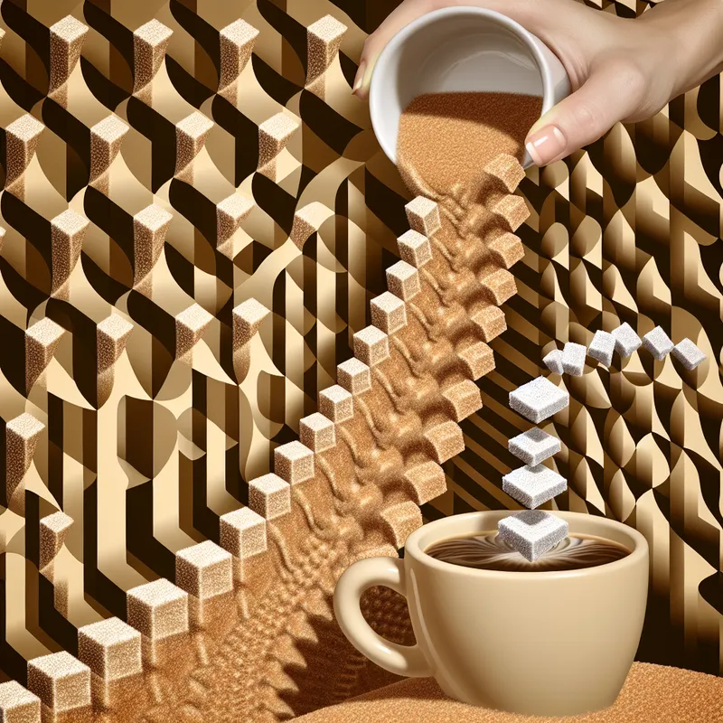 Surrealistische illustratie van een hand die suiker in koffie schenkt, waarbij de suikerstroom transformeert in een oneindige trap in de stijl van M.C. Escher, ter visualisatie van 'zo veel als' bij het vergelijken van hoeveelheden