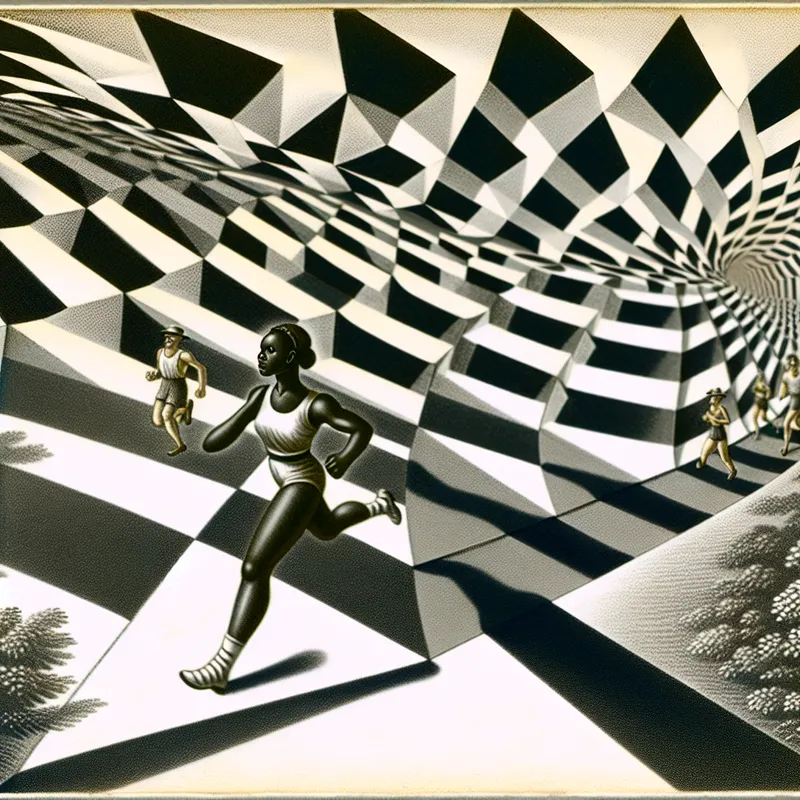 Surrealistische marathon scène geïnspireerd door M.C. Escher, met de derde loper in beweging bij de finishlijn.