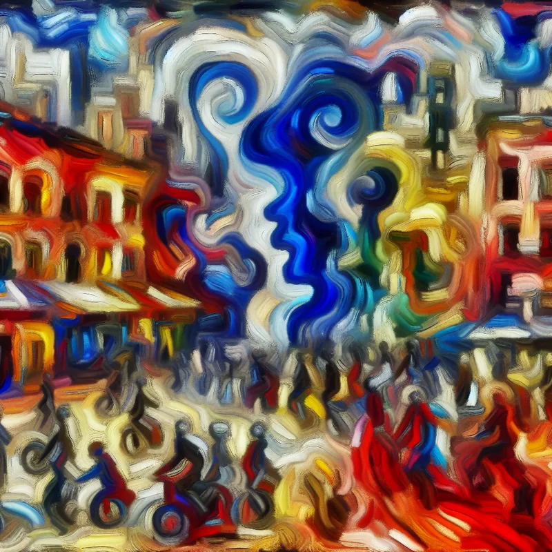 Abstract expressionistisch schilderij van een levendige stadscultuur met zwierende penseelstreken in felle kleuren, symboliserend de essentie of ziel van de stad