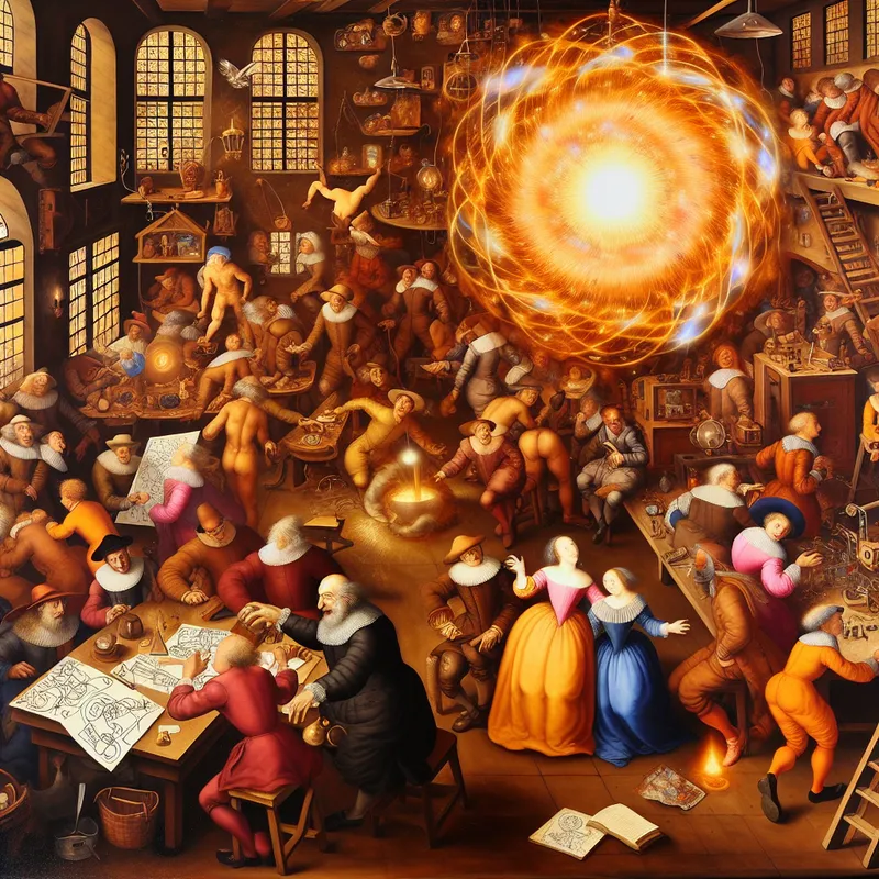 17e-eeuwse Nederlandse genrescène van een levendige werkplaats waar de essentie van innovatie en creativiteit centraal straalt als een gloeiende kern