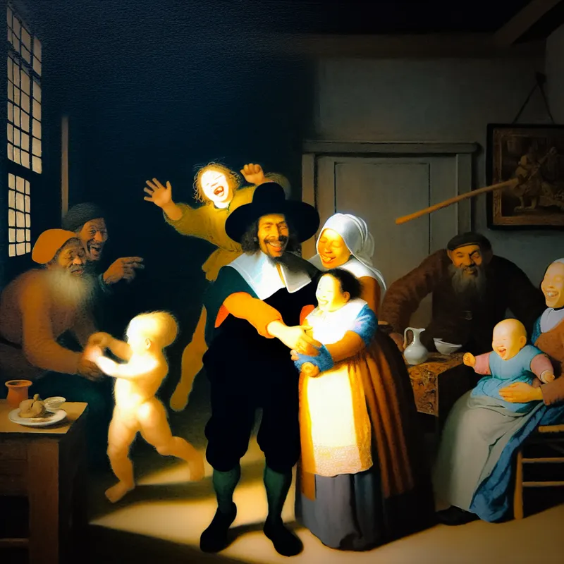 17e-eeuws Hollands familieportret in levendige stijl met blije gezichten en warme interacties, essentie van familiebanden