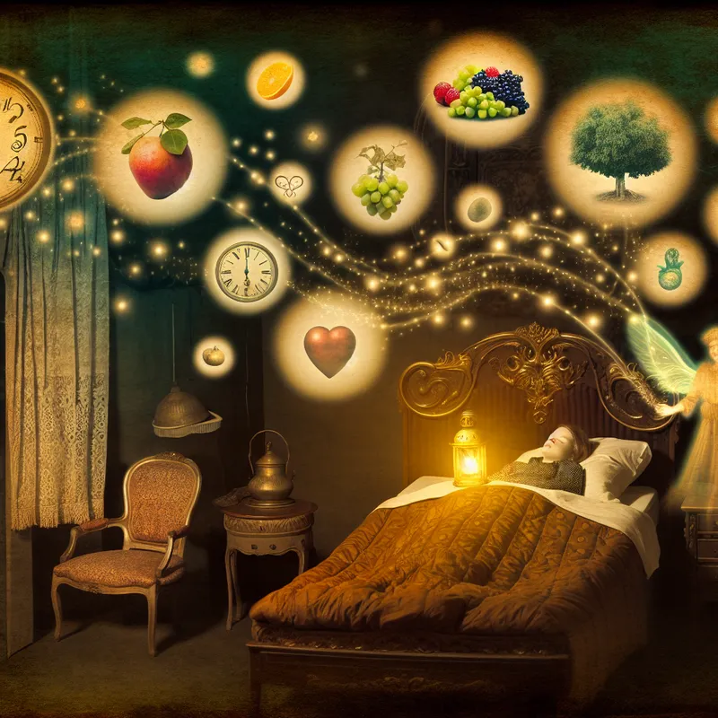 Sprookjesachtige slaapkamer met zwevende droombellen die vitaliteit symboliseren, een etherische figuur met lantaarn die goede slaap voorstelt, essentieel voor gezondheid en welzijn