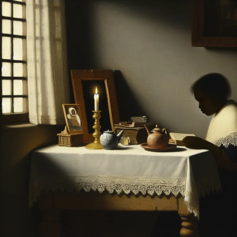 Een rustig interieur met een nadenkende persoon aan een houten tafel, omringd door symbolen van dagelijkse waarden.