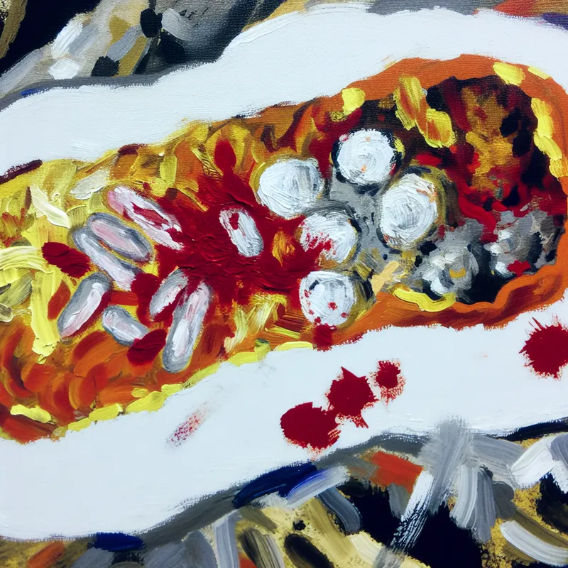 Abstract schilderij van een etterende wond met ontsteking en pus, geïnspireerd op Willem de Kooning