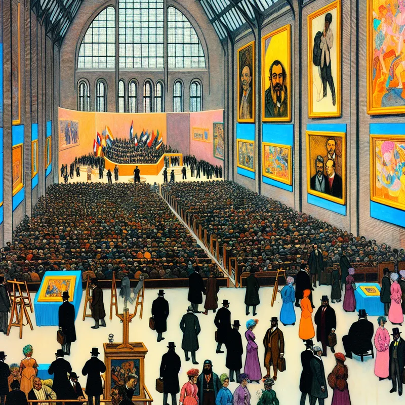 Drukke evenementhal met een diverse groep mensen, conferentie podium en een kunsttentoonstelling