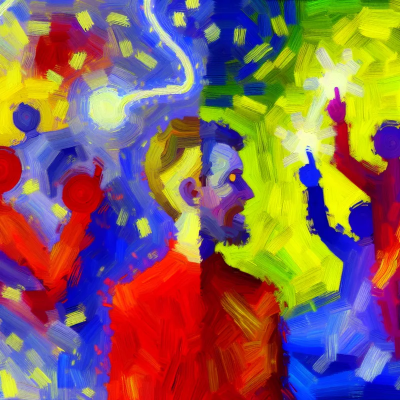 Abstracte voorstelling van evidentie met twee contrasterende groepen: een persoon die duidelijk liegt en een duidelijke scheiding tussen waarheid en leugen in felle kleuren en expressieve penseelstreken