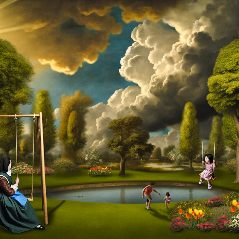 Een moeder kijkt naar haar kind dat speelt op de schommel in een serene parkomgeving met groene bomen en een dramatische lucht.