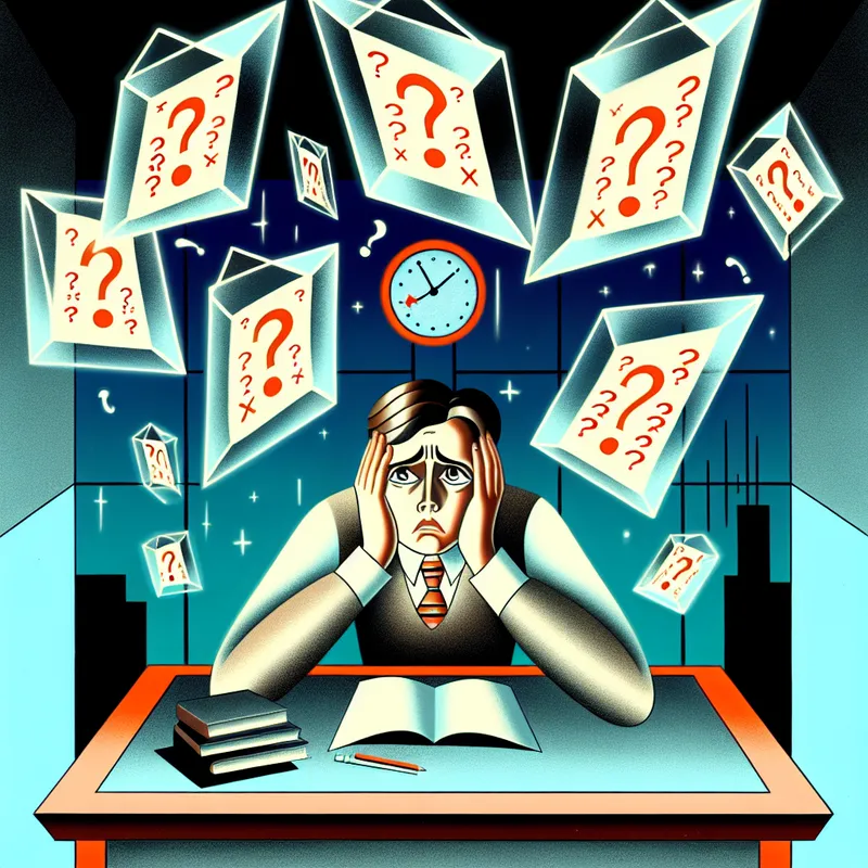 Jonge man met bezorgde blik aan bureau omringd door zwevende examenpapieren met fouten, symboliserend faalangst en examenstress