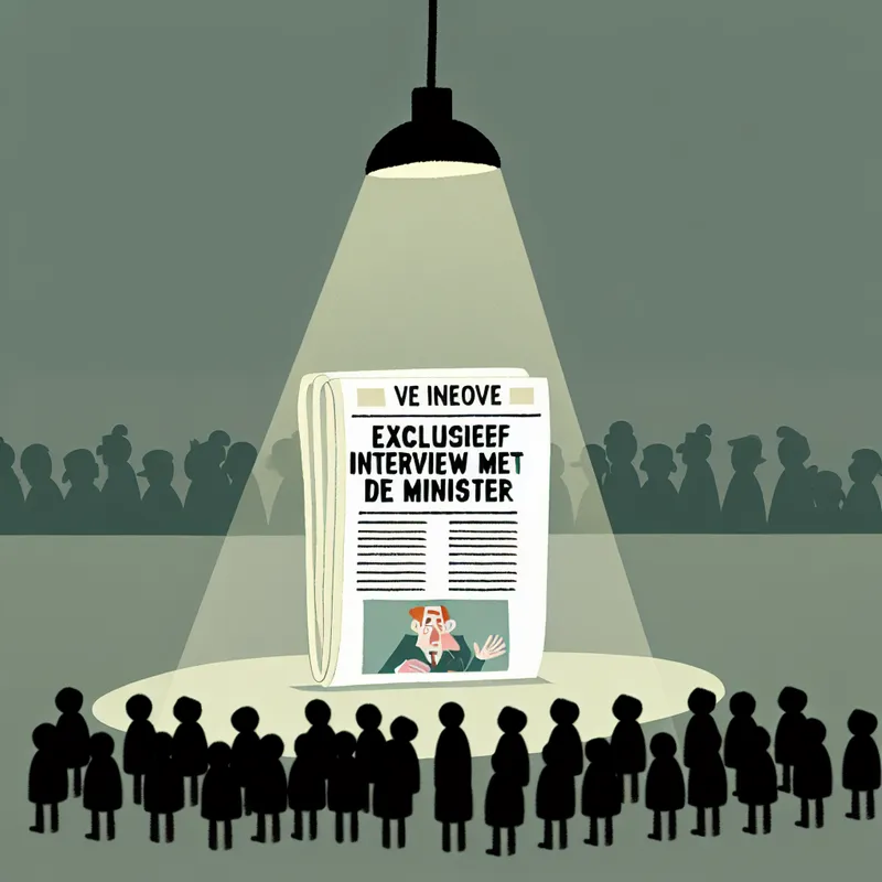 Minimalistische illustratie van een krant met exclusief interview met de minister, omringd door een schaduwrijke menigte die ernaar reikt, symboliserend uniek en exclusief nieuws