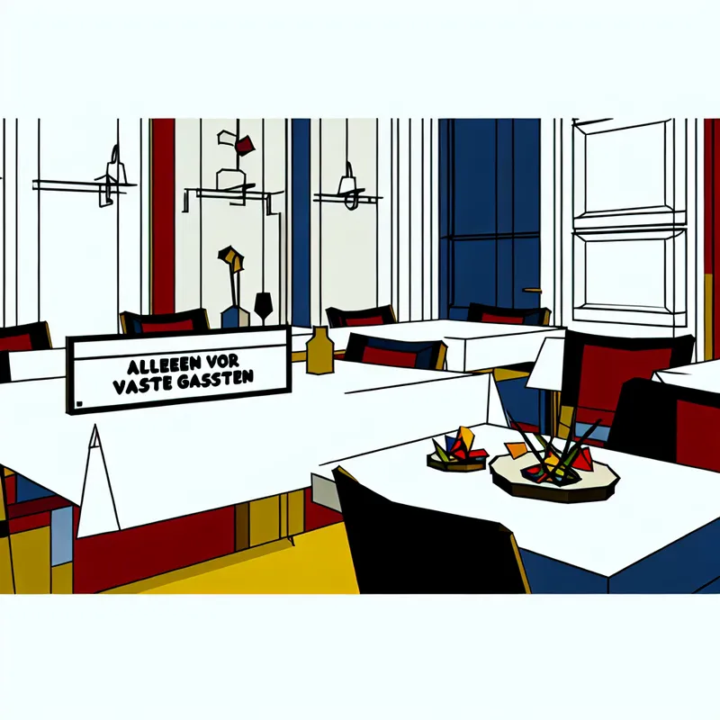 Minimalistische illustratie van een exclusief restaurant met een bordje 'Alleen voor vaste gasten' op een tafel met een gerecht, in de stijl van Dick Bruna