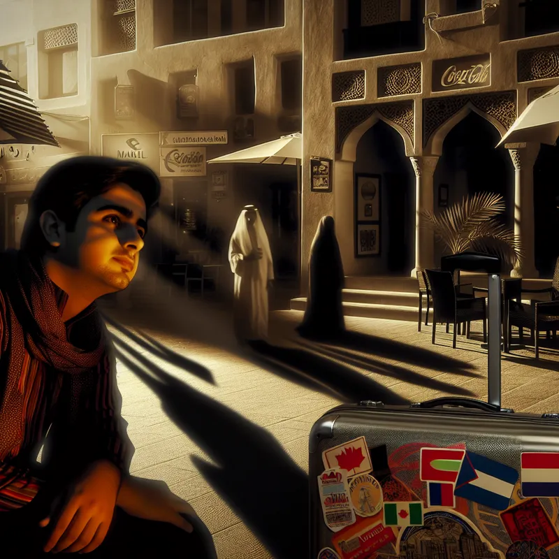 Een jonge expat met een nadenkende uitdrukking staat in een drukke straat, omringd door kleurrijke winkels en diverse architectuur, met een koffer vol stickers van verschillende landen.