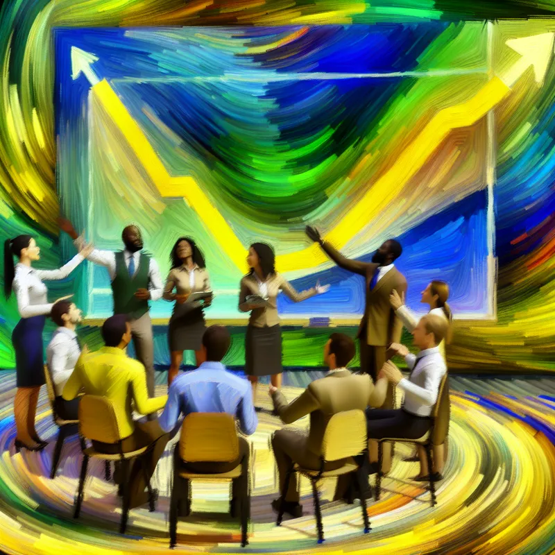 Een diverse groep experts bespreekt een kleurrijke grafiek op de muur die een stijgende economische trend laat zien.