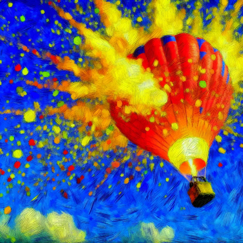 Een kleurrijke luchtballon explodeert in de lucht met fragmenten die door de lucht verspreiden, tegen een levendige blauwe lucht