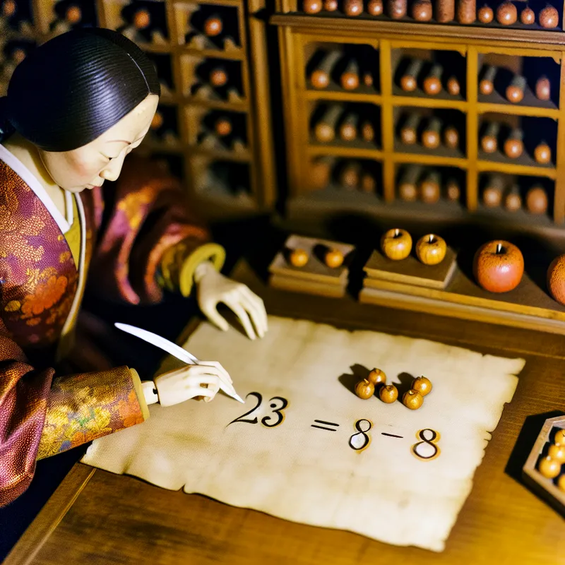 17e-eeuwse geleerde schrijft de wiskundige vergelijking 2 tot de macht 3 is 8 op perkament, met visuele voorbeelden van herhaalde vermenigvuldiging