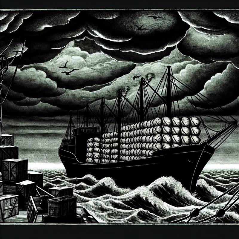 Illustratie van een vintage vrachtboot met aardappels onderweg naar Duitsland, met schaduwen op woelige golven onder een bewolkte lucht.