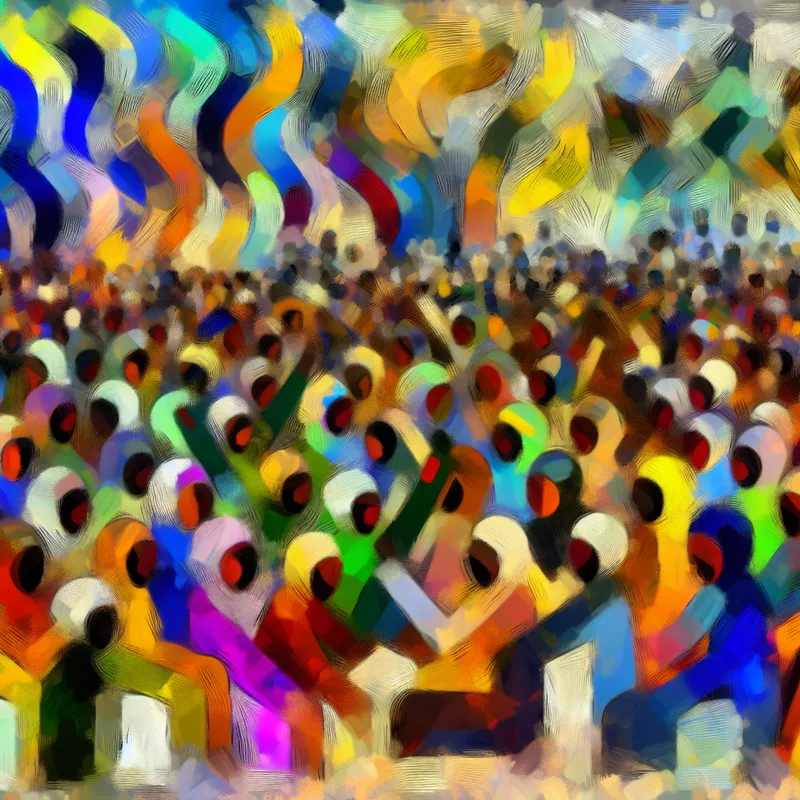 Abstract expressionist kunstwerk van een diverse gemeenschap die hun zorgen via kunst uitdrukt, met kleurrijke golven die uit hun monden komen.