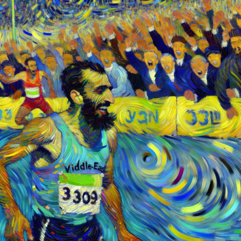 Een schilderij in de stijl van Van Gogh van een race waarbij een renner als derde de finish passeert